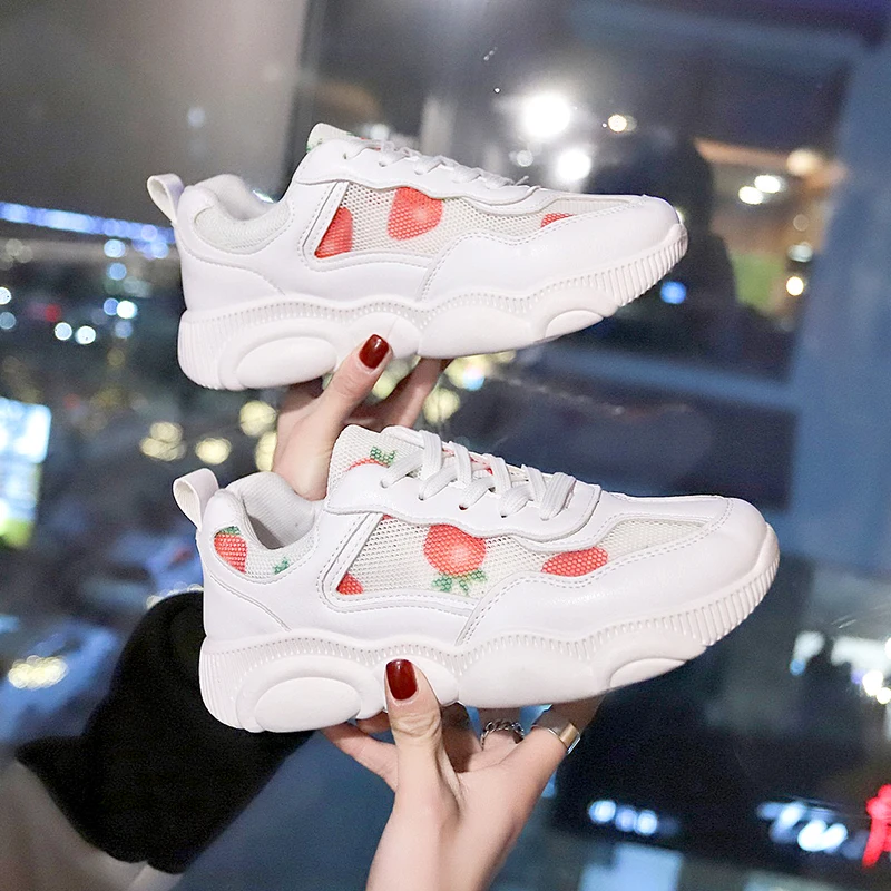 

Women's White Sneakers High Heels Shoes 2019 Summer Lace Up Woman Chunky Sneakers Breathable Mesh Female Sneaker Summer Shoes