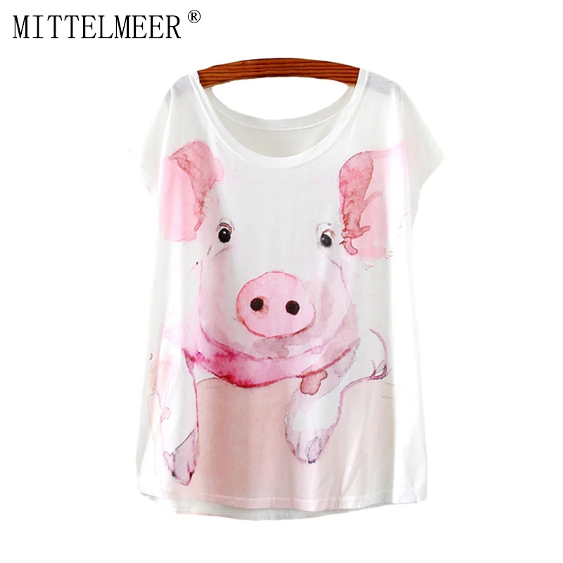 

MITTELMEER New Cotton T-Shirt Women Short Sleeve t-shirts o-neck Causal loose print pig t shirt Summer tops for women