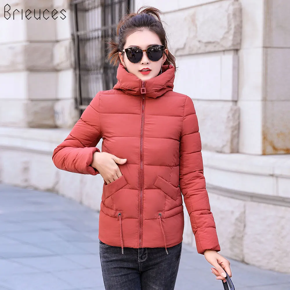 Brieuces 2019 Winter Jacket Women Coat Warm Parkas Short Hooded Cotton-padded Coats Solid Color Basic Wadded Jacket Female