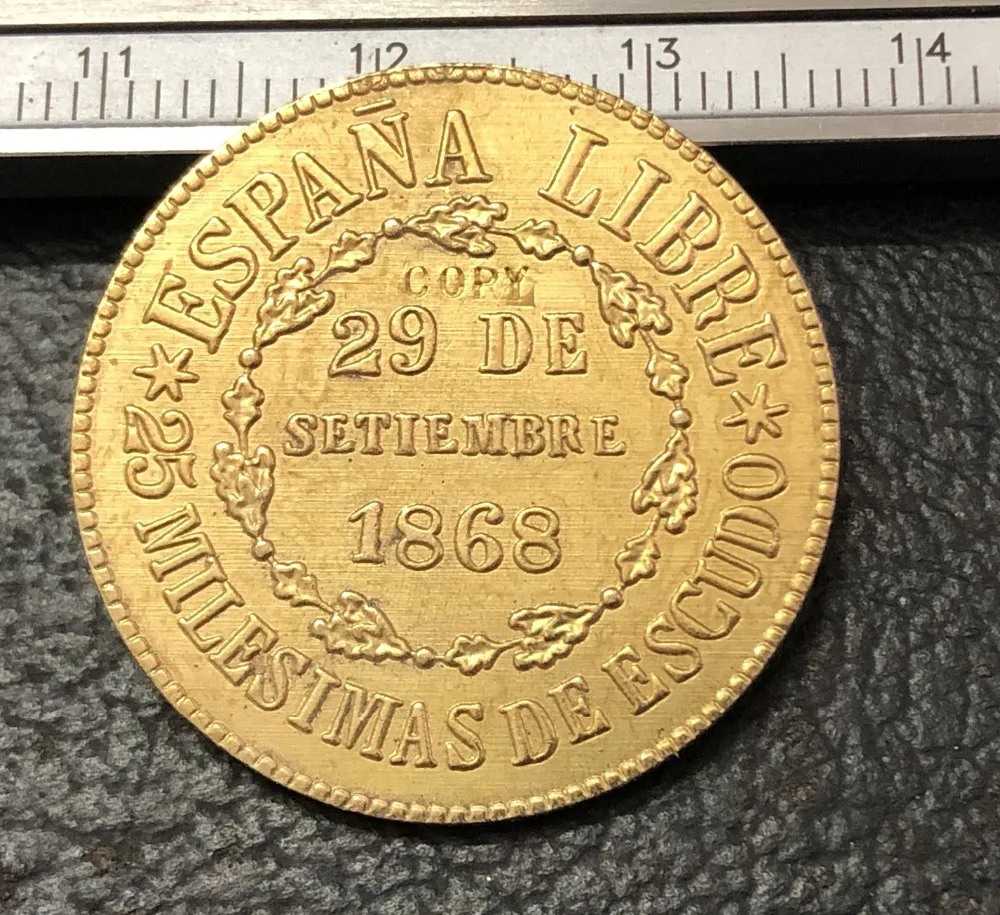 1868 Испания 25 милесимас де эскудо-временная бронзовая копия монеты | Дом и сад