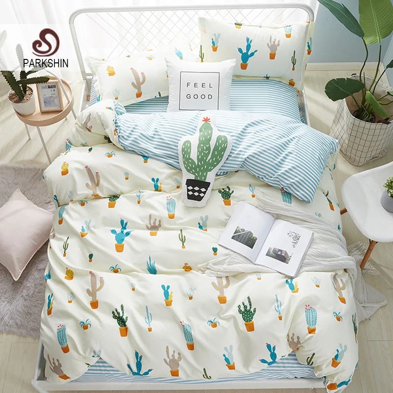 

ParkShin Cactus Pattern Fresh Style Bedding Set Simple Home Textiles Duvet Cover Set Flat Bed Sheet Quilt Cover Bed Linen Set