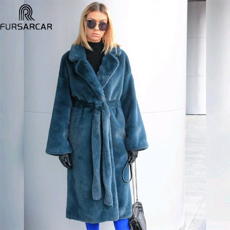 

FURSARCAR Plus Size Luxury Navy Blue Top Quality Thick Warm Fur With Fur Collar Long New Winter Rex Rabbit Real Fur Coat Women
