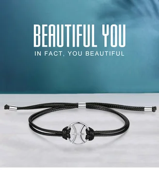 

Authentic 925 Sterling Silver Black PU Leather Constellation Pisces Rope Twelve Silver Bracelet for Women Ladies Fashion Jewelry
