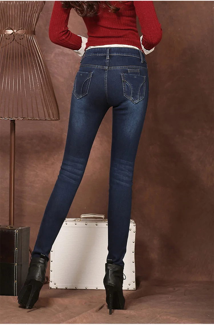 Женские синие джинсовые штаны со средней талией Зимние флисовые брюки теплые бархатные женские обтягивающие джинсы узкие брюки длинные брюки