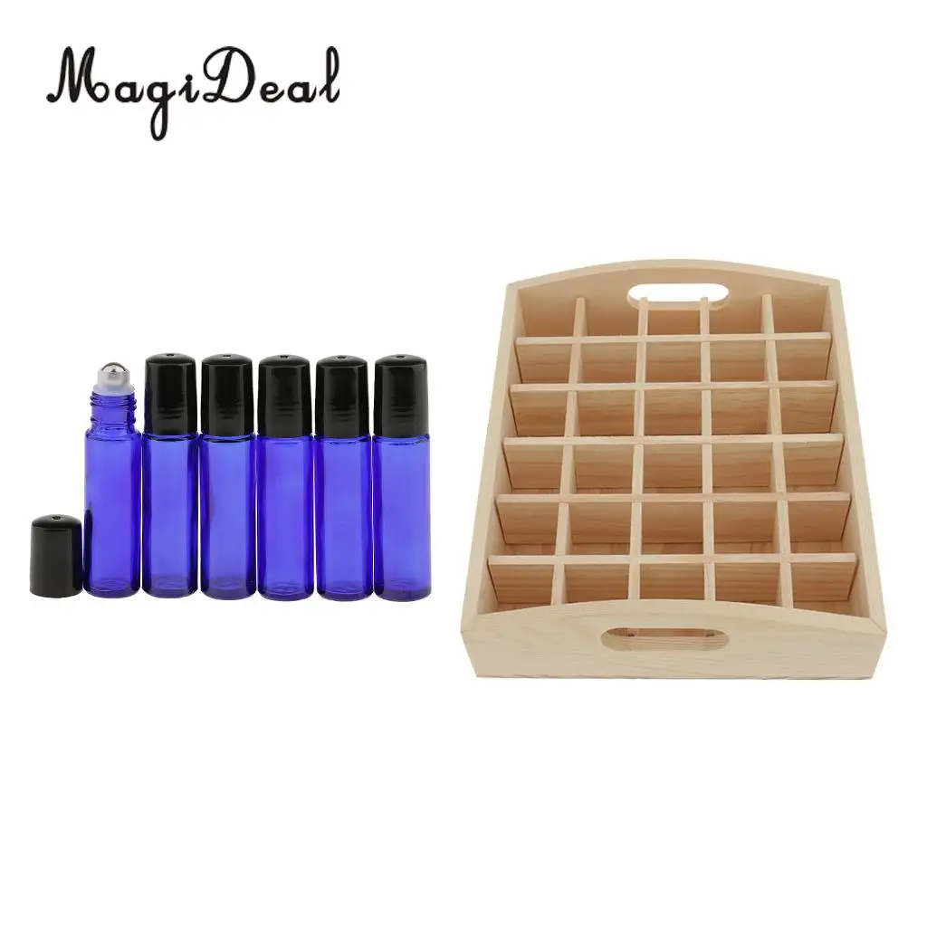 Handmade Natural Wooden Essential Oils Storage Box Display Case Holder Box +6 Roll On Cosmetic Glass Bottles Vials