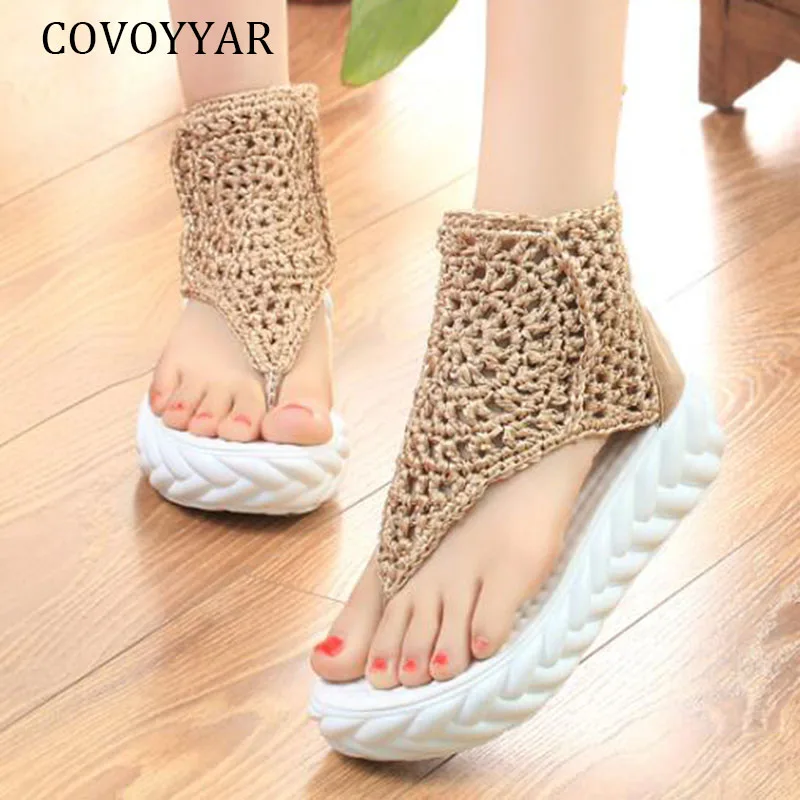 

COVOYYAR 2019 Summer Women Flat Platform Sandals Gladiator Weaving Wedges Casual Shoes Woman Fashion Flip Flops Ladies WSS468