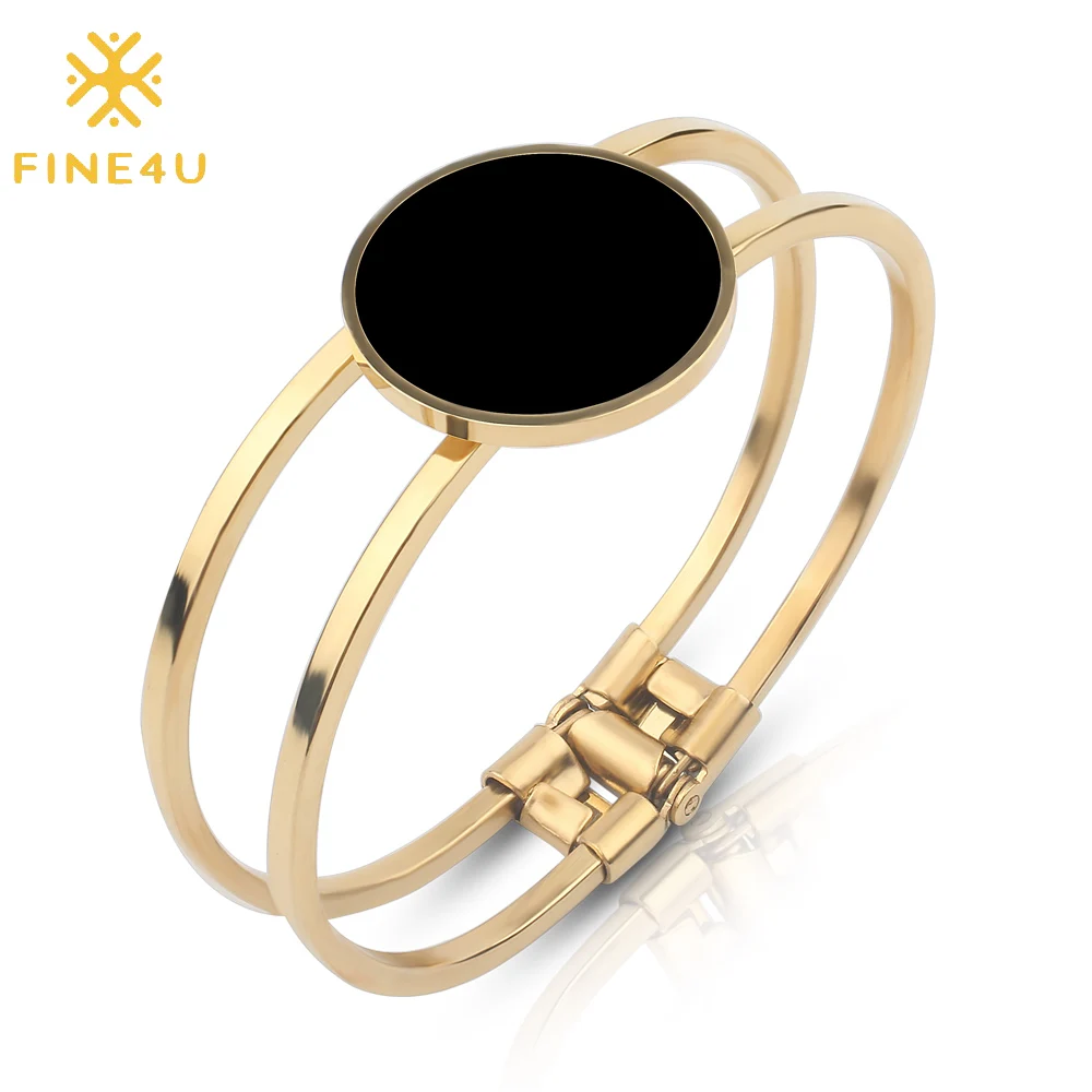 

FINE4U B131 Stainless Steel Double Layer Cuff Bracelets & Bangles For Women Round Black Shell Bracelet Jewelry Gift