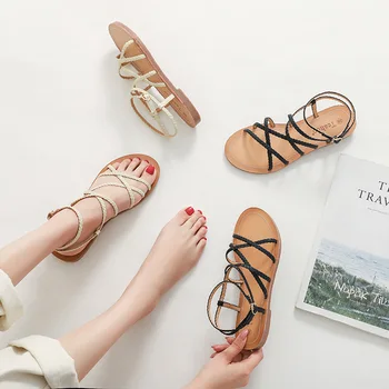 

Instagram Popular Recommend Gladiator Sexy Women Sandals Leisure Vacation Low Heels Plat Shoes Woman Summer Schoolgirl Sandalias