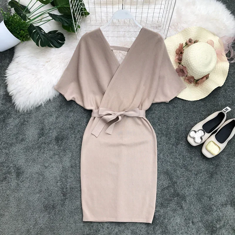 

fashion sexy v-neck women dresses knitted bat wing sleeved solid lady elegant knitted pullovers dresses top quality
