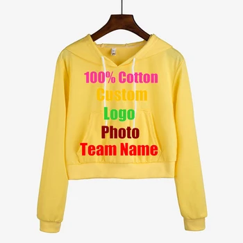 

Solid Crop Women Hoody Hot Selling Custom Made Logo Photo DIY Printed Lady Sweatshirt Candy Colors Oversized Punk Rock Tracksuit