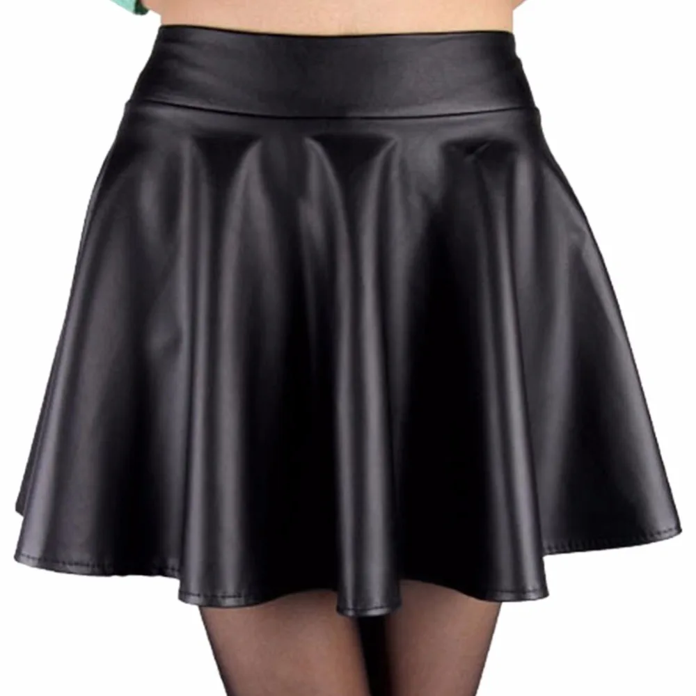 Fashion Women Faux Leather Skirt High Waist Skater flare Mini Skirt