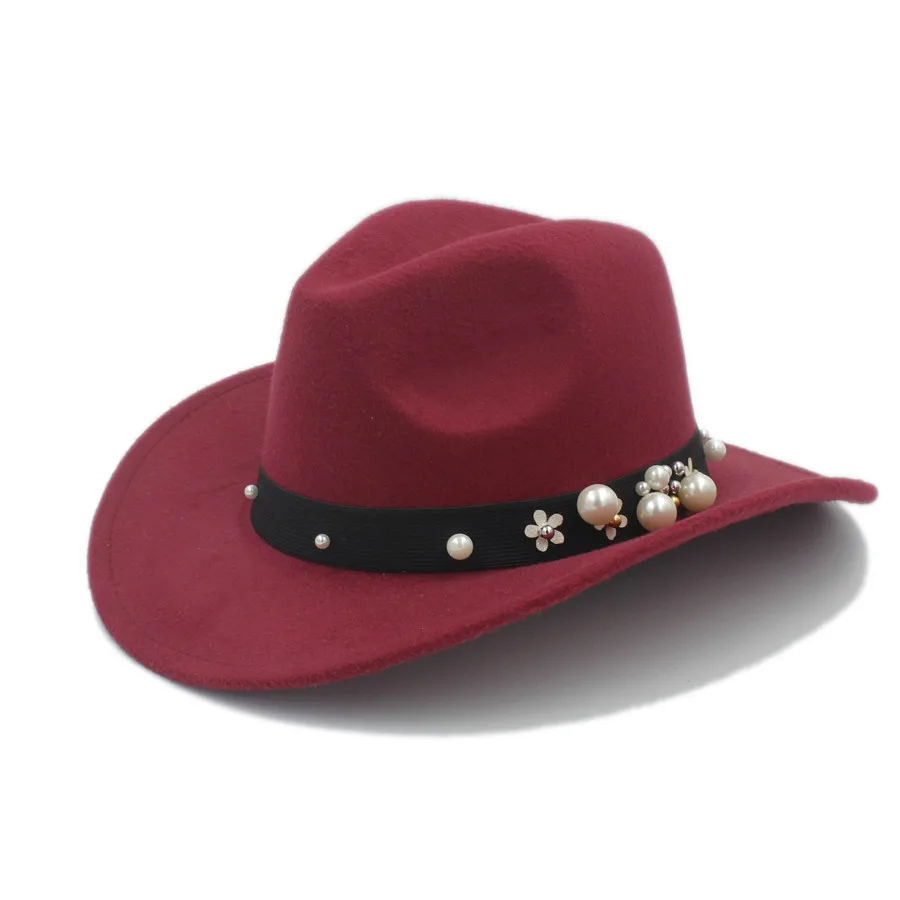 Модная женская Chapeu западная ковбойская шляпа для элегантной леди ковбойская широкая джазования с полями церковная Кепка одежда Sombrero Топ Кепка - Цвет: Wine red