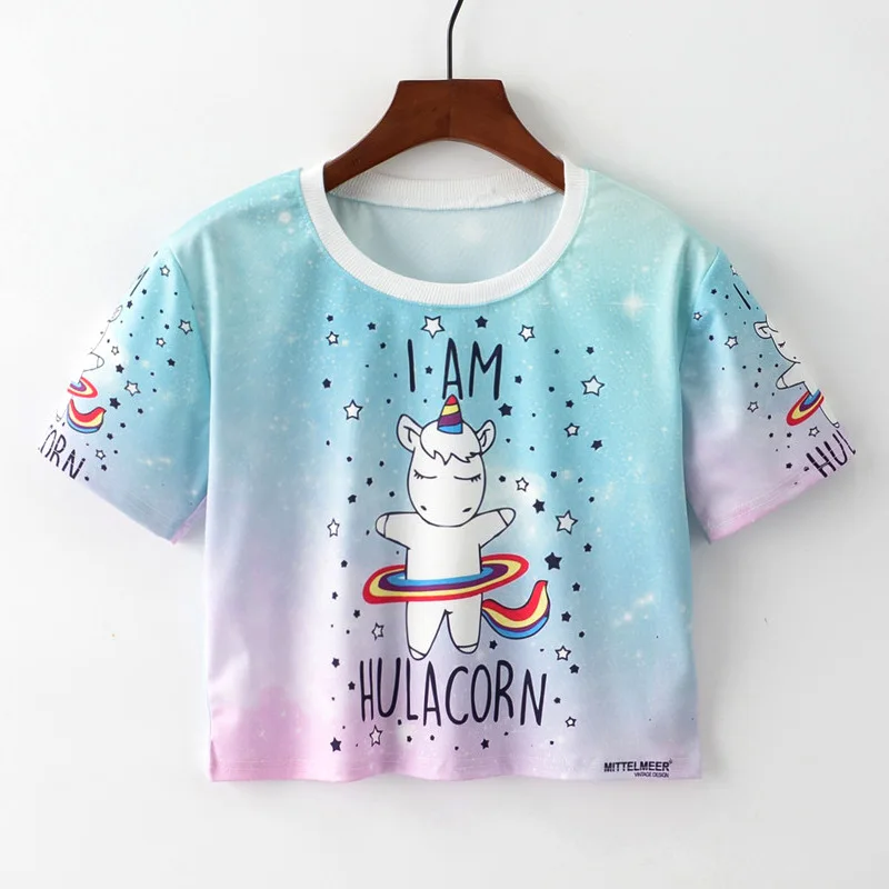 

2018 Harajuku T Shirt I Am Hulacorn Letter Unicorn Print Cute Style Crop Tops Women and Girls Summer Shirts Litter Sexy Tops