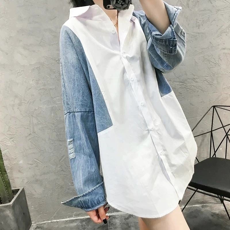 

Patchwork Denim Long Sleeve Women Blouses Turn-down Collar Korean Fashion Top Summer Spring Loose Female Shirt
