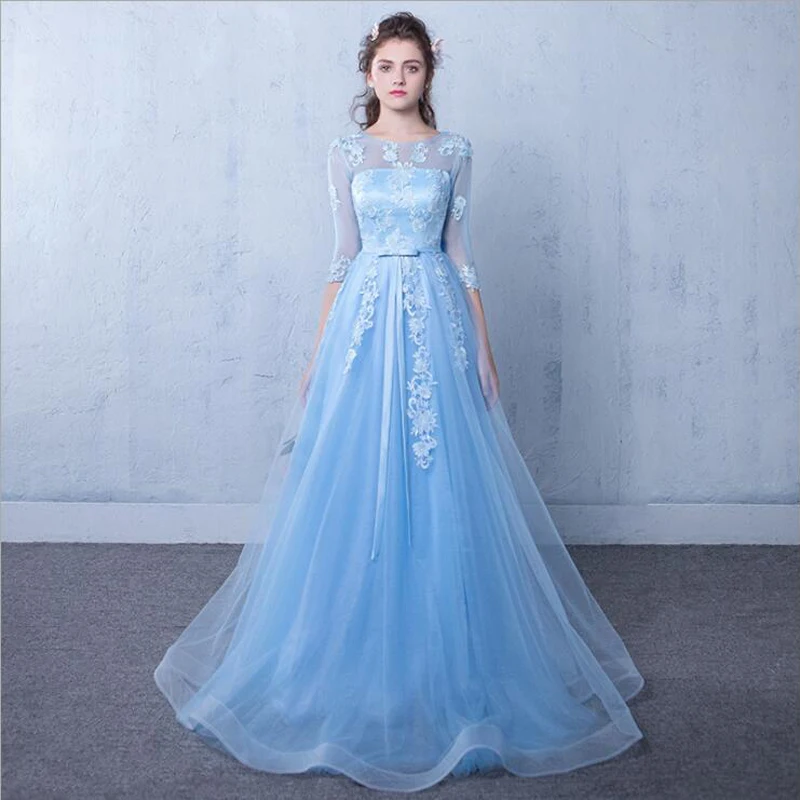 

Evening Dress Fashion Banquet Sweet Round Neck Half Sleeve Tulle Transparent Lace Sky Blue A-line Long Prom Formal Dress