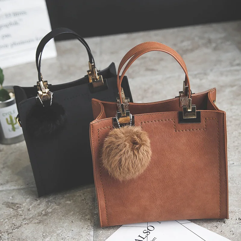 

NEW HOT SALE handbag lady casual tote bag female large shoulder messenger bags high quality Suede Leather handbag with fur ball