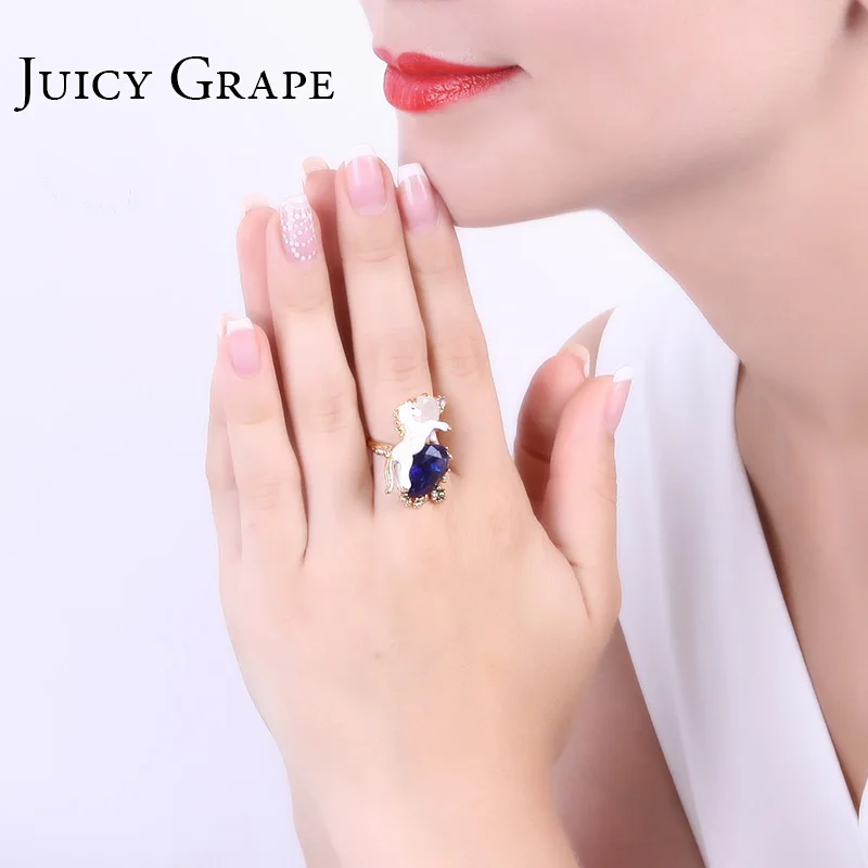 

Juicy Grape 2019 Unicorn Zodiac Blue Cristal Gilded Ring Prevent Allergy Hand Painted Enamel Women Fashion Jewelry