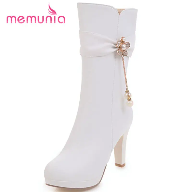 

MEMUNIA new arrive 2018 fashion super high heel boots autumn winter mid calf boots round toe square heel women boots size 33-43