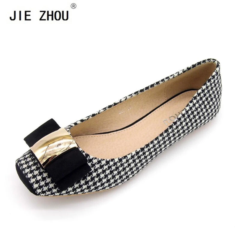 

Fashion Women Shoes Woman Ballet Flats Plaid Cloth Shoe Bowknot Comfortable Square head Casual Shoes Slip On Women's Flat Shoes