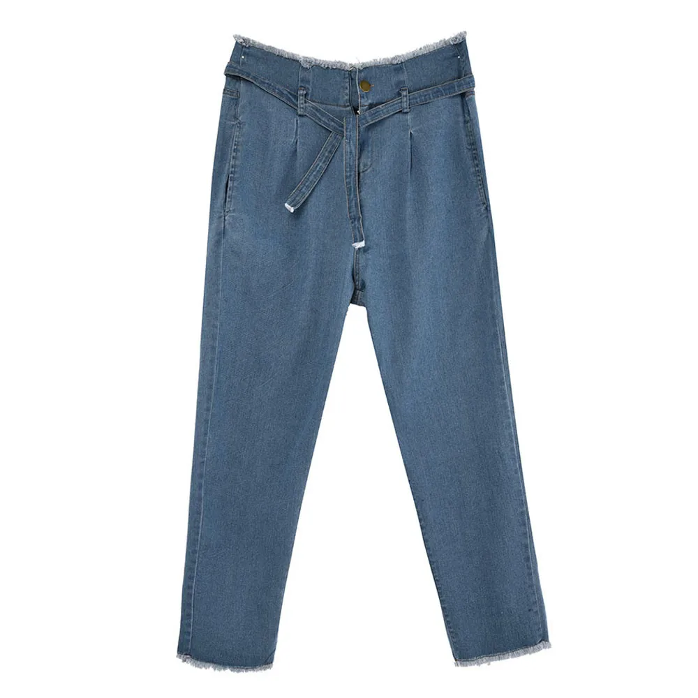 2019 для женщин Высота талией свободные лук повязки отверстие джинсы стрейч брюки для девочек Джинсы 3,18
