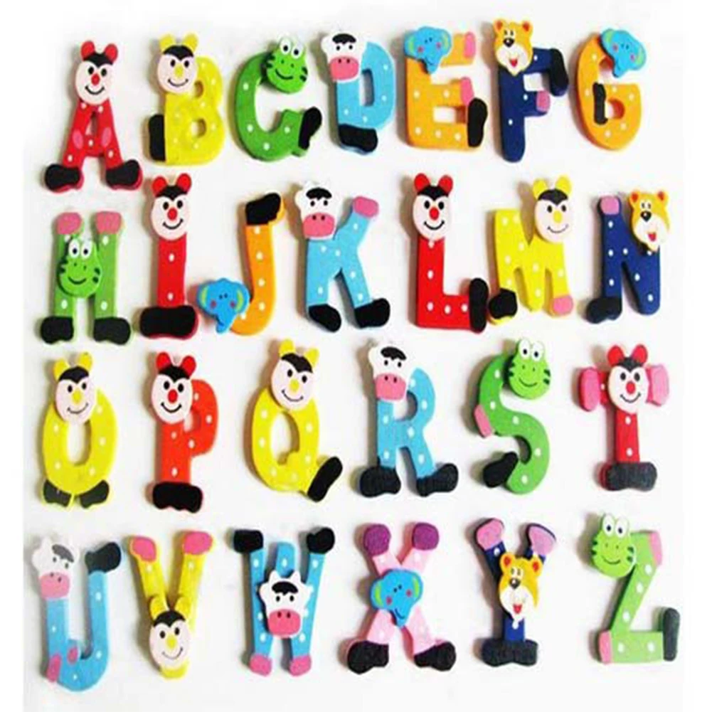 

26pcs Wooden letters Cartoon Alphabet Magnetism Fridge Sticker Children Painted Adhesive Back DIY Craft Home Party Sticker Decor