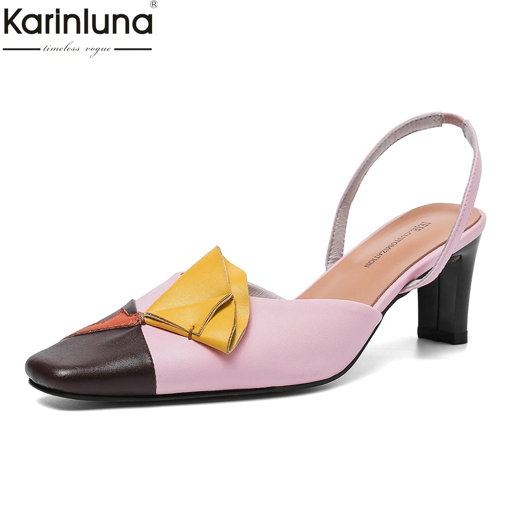 

INS Fashion Genuine Cow Leather Square Toe Mix Color Pumps Woman Shoes Bowtie heels Shoes Woman Pumps Female