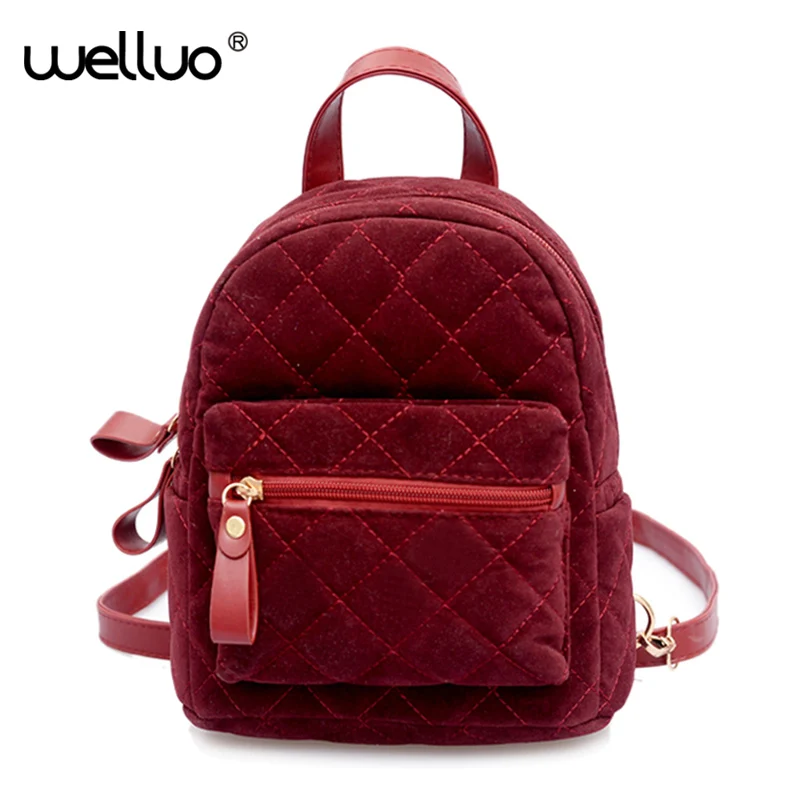 

Women Velvet Backpack Mini Velour Shoulder Bag For Teenage Girls Female Backpacks Fashion Small Daypack Rucksack Black XA51B