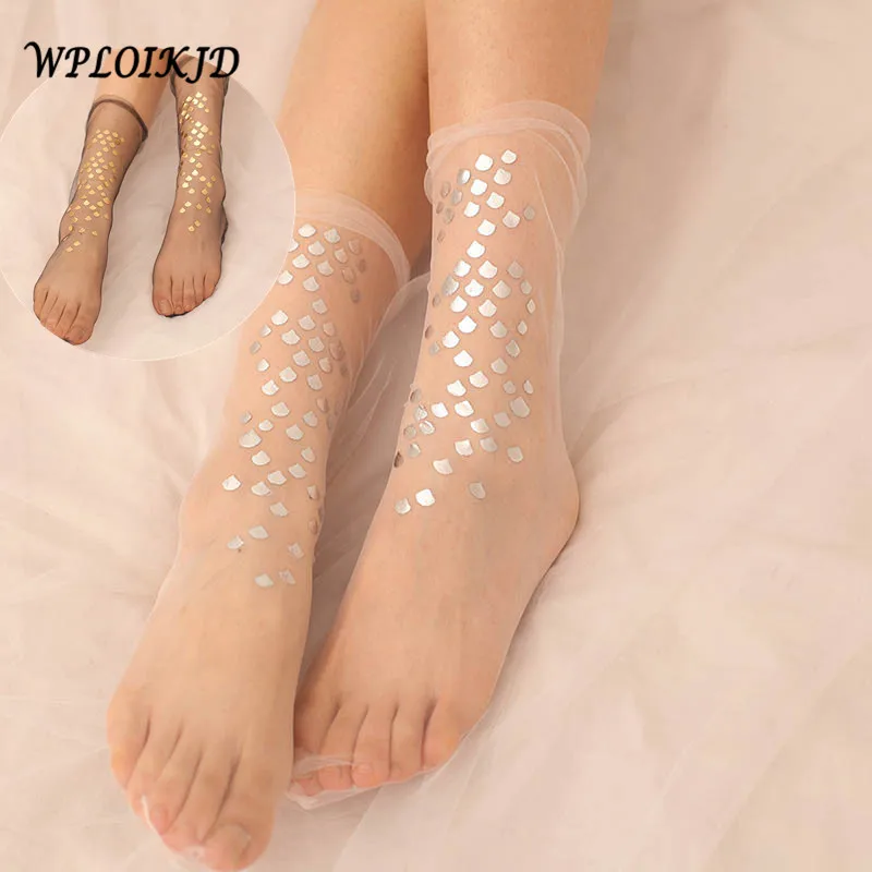 

[WPLOIKJD]Transparent Handmade Socks Mermaid Sequins Shining Colorful Mesh Socks Heap Heap Ultra-thin Women New Arrival Sokken