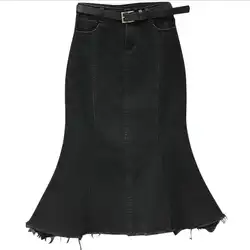 Повседневное узкие джинсовые юбки Высокая Талия бахромой подол до колен Джинсовая юбка Для женщин кисточкой труба юбки
