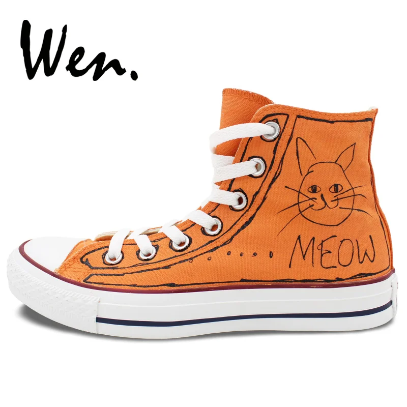 ون اليد رسمت أحذية تزلج رياضية الكرتون القط مواء تصميم مخصص عالية أعلى للجنسين المحمولة قماش أحذية رياضية Plimsolls