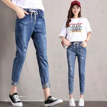 Новые повседневные рваные джинсы женская одежда Осень дамы эластичный пояс на шнуровке Брюки Проблемные Женские джинсы из денима шаровары