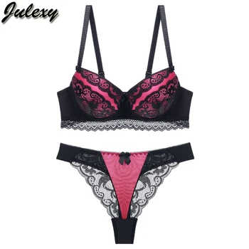 

Julexy Brand New 2018 Sexy Thongs Women Bra Set ABC Lace Hollow Out Transparent Bra Brief Sets Black White Women Underwer Set