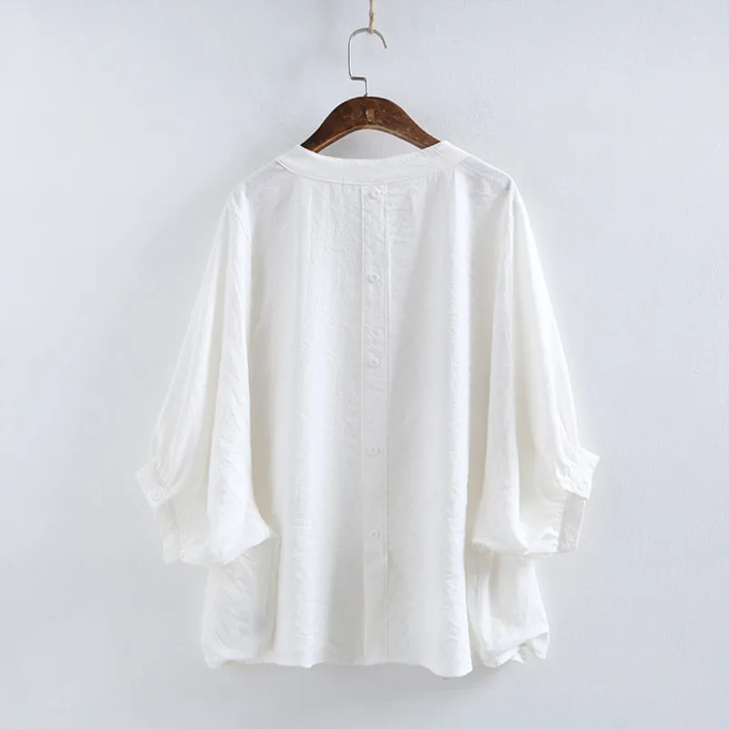 Рукав «летучая мышь» Для женщин рубашки Япония Стиль черный, белый цвет новые весенние блузки из хлопка и льна свободная, с коротким рукавом Повседневное рубашки для мальчиков