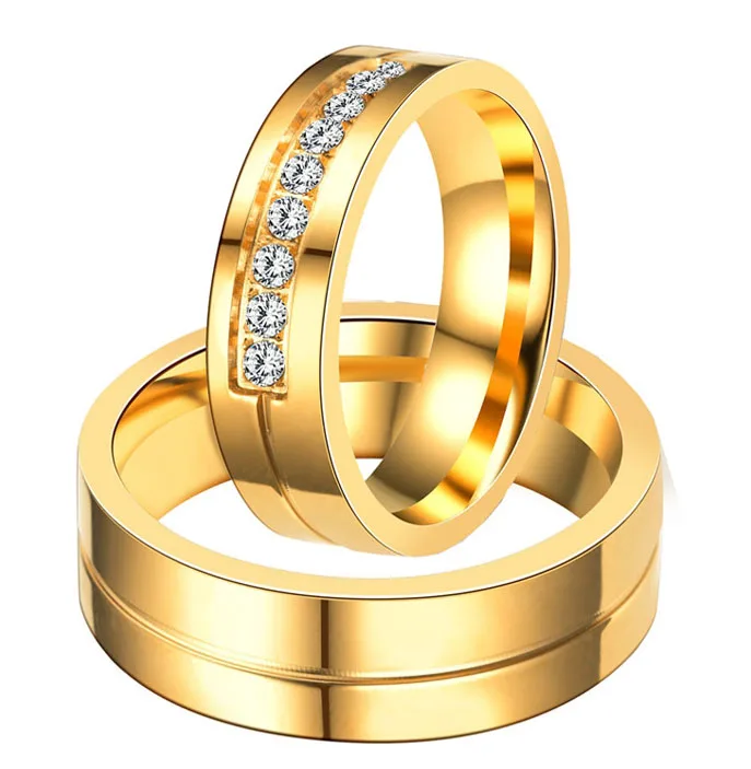 

Soul Men 1 Pair Lover's Gold Color Engagement Ring with 9 CZ for Ladies 6mm Simple Wedding Ring Set for Male Alliance in Brasil