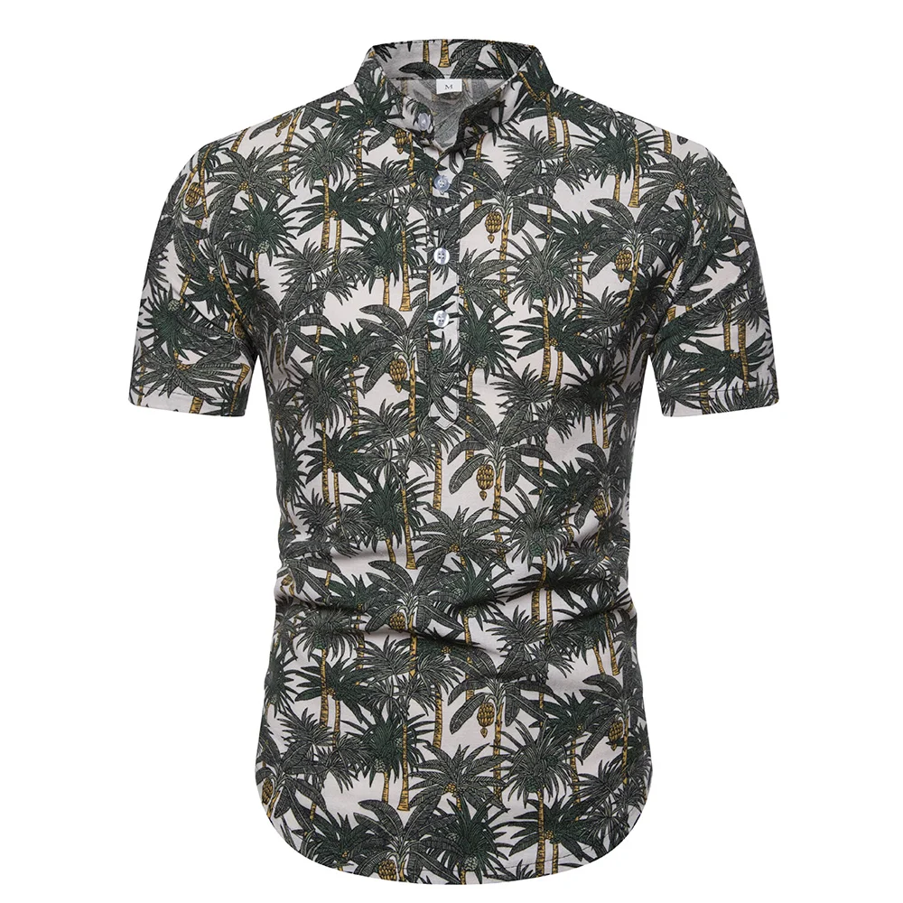 

2019 summer tree print short sleeve casual shirts men good quality slim fit cotton men social shirt