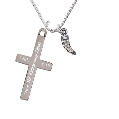 Black Nickel Tone Small AB Crystal Sabre Tooth - I Can Do All Things - Cross Necklace (1)