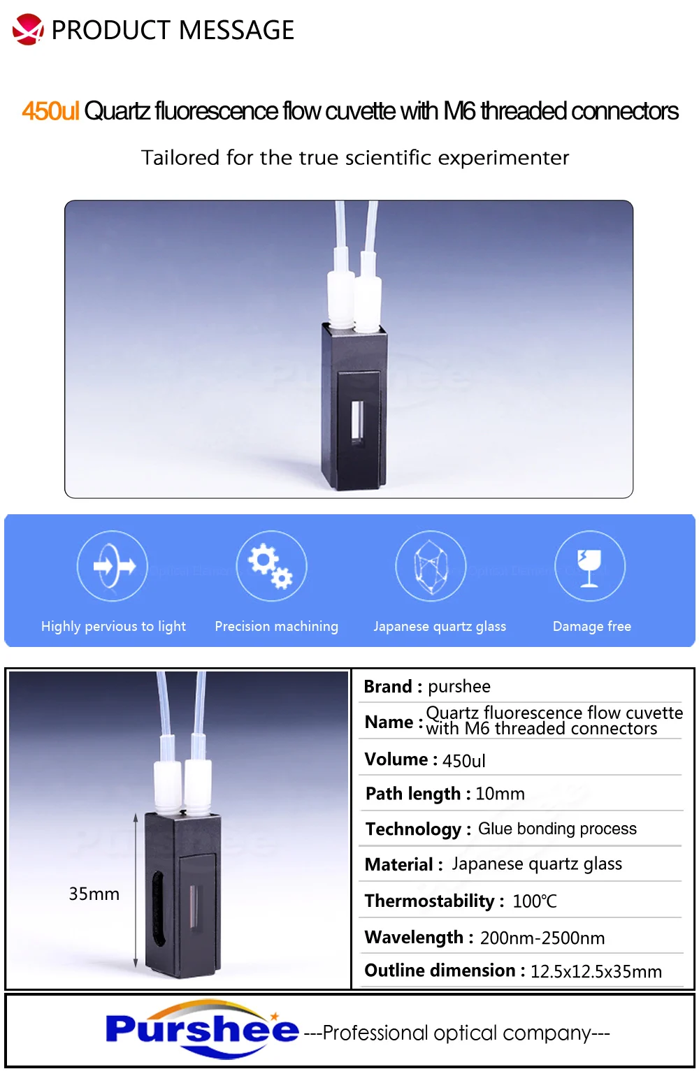 Кварцевый флуоресцентный поток cuvette с коннектор с резьбой M6(450ul