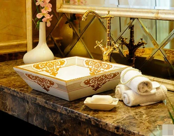 

Ceramic counter basin artistic basin wash gold color square