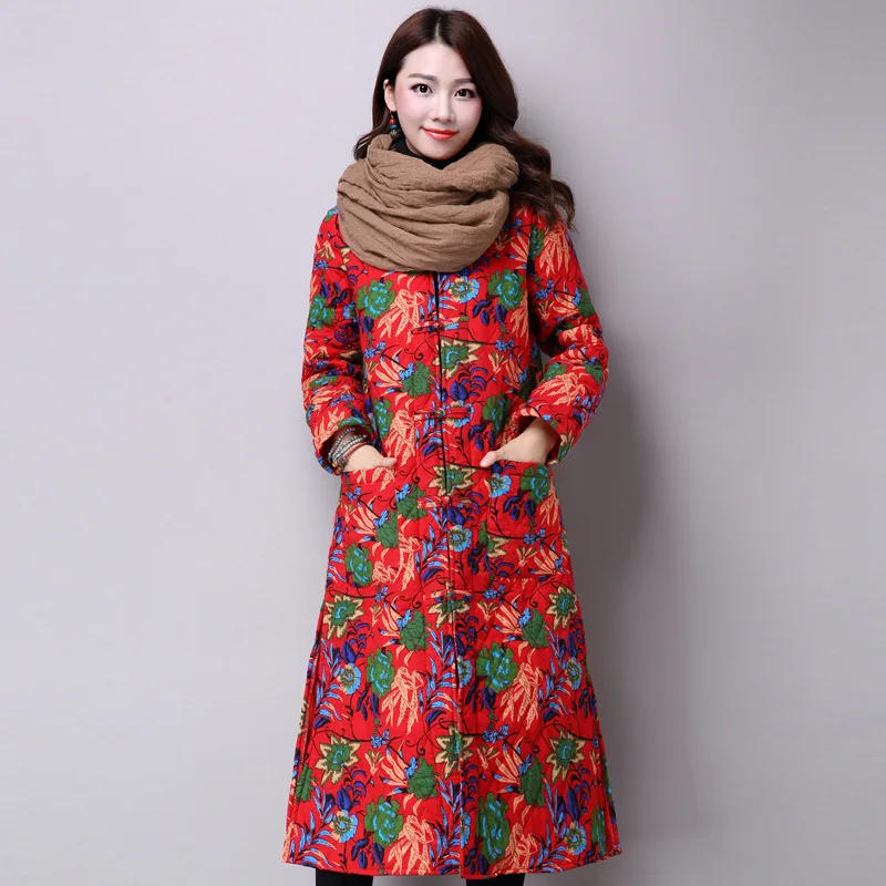 Women New Fashion Cotton Linen Fabric Coats Original Floral Print Long Sleeve Single Breasted Warm All