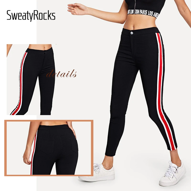 SweatyRocks, полосатые джинсы с лентой сбоку, уличная одежда, черные эластичные джинсовые штаны с высокой талией, весенние прямые женские обтягивающие джинсы