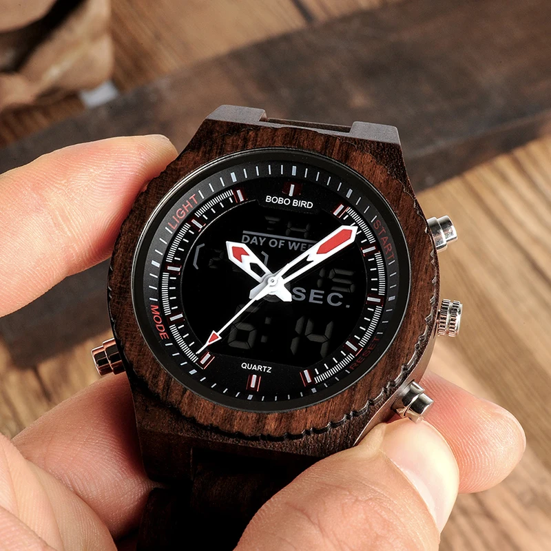 Manufacture BOBO BIRD L- P02 Classic Men Wooden Watches Quaint Luxury Alarm Clock Men Ebony Wood Band Dual Display Watch