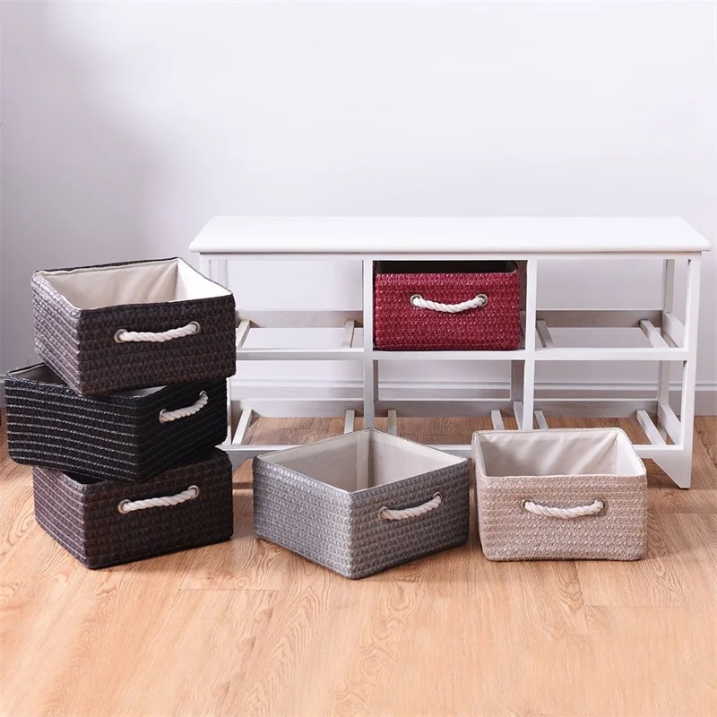 

White Wooden Basket Storage Chest with 6 Drawer PVC Rattan Wicker Baskets Home Sundries Storage Organization HW59523