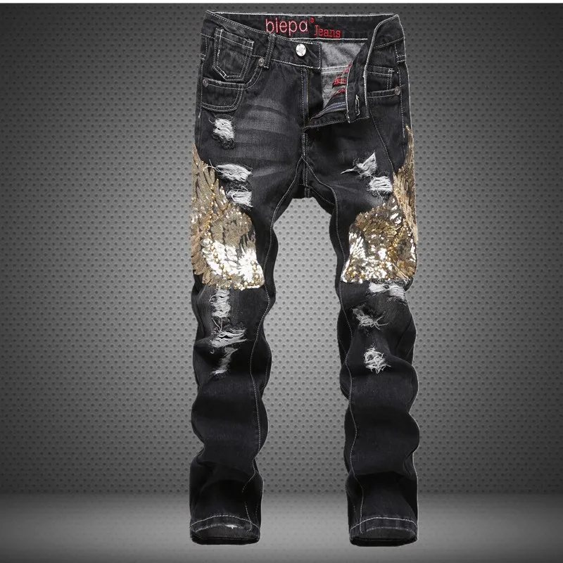 Fashion designer mens slim straight patch torn denim pants Eagle Wing