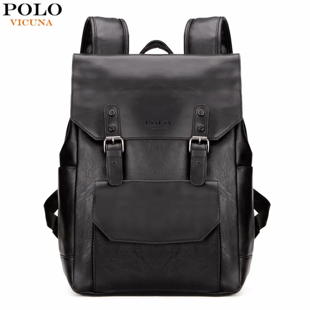 VICUNA POLO Casual Black Leather Backpack Men Laptop Backpack Double Belt Promotion Brand Travel ...