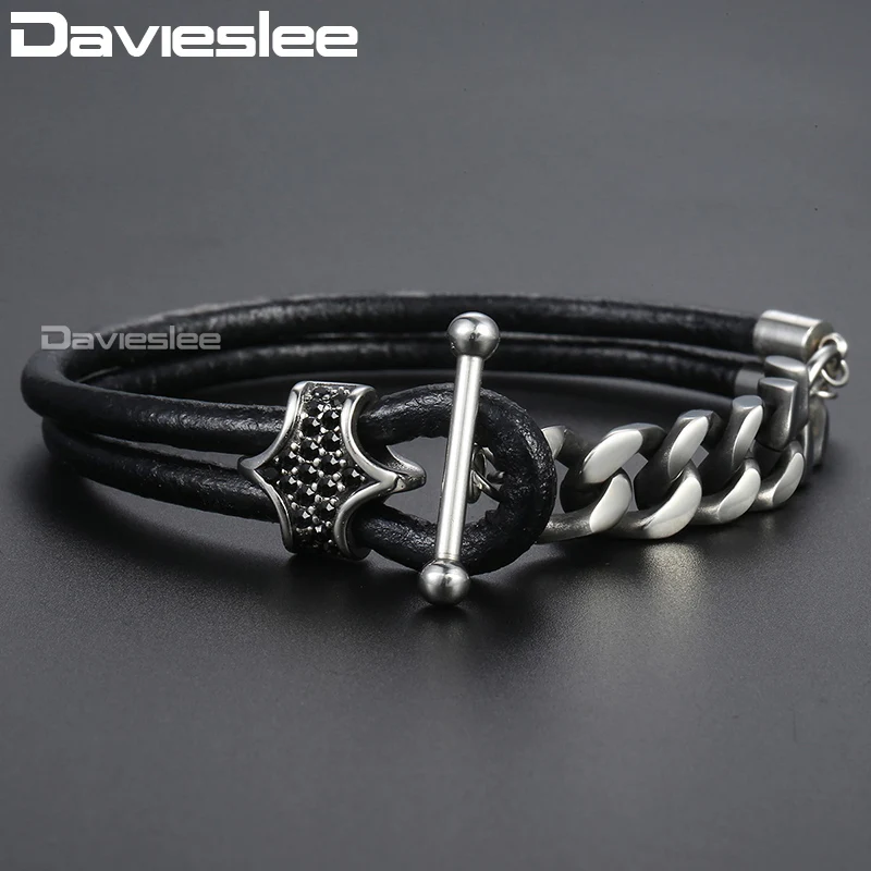 

Davieslee Mens Leather Bracelet Black Zirconia Charm Gunmetal Stainless Steel Cuban Link Chain Bracelets For Men Boy 2018 DDLB75