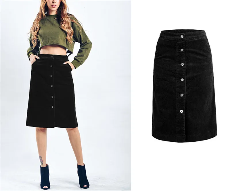 Autumn a-line skirt corduroy skirt in the long high waist slit skirt multi button pocket skirt (3)
