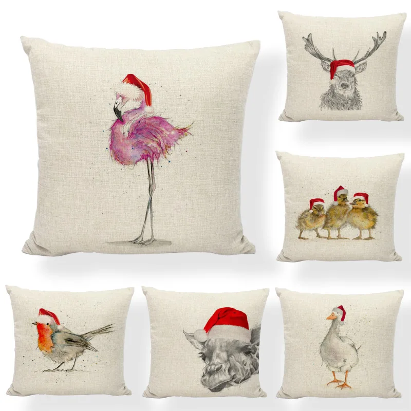 Christmas Animal Cushion Cover 45x45cm Flamingo Duck Deer Bird Home Bedroom Sofa Living Room New Year Gift Decoration Pillowcase