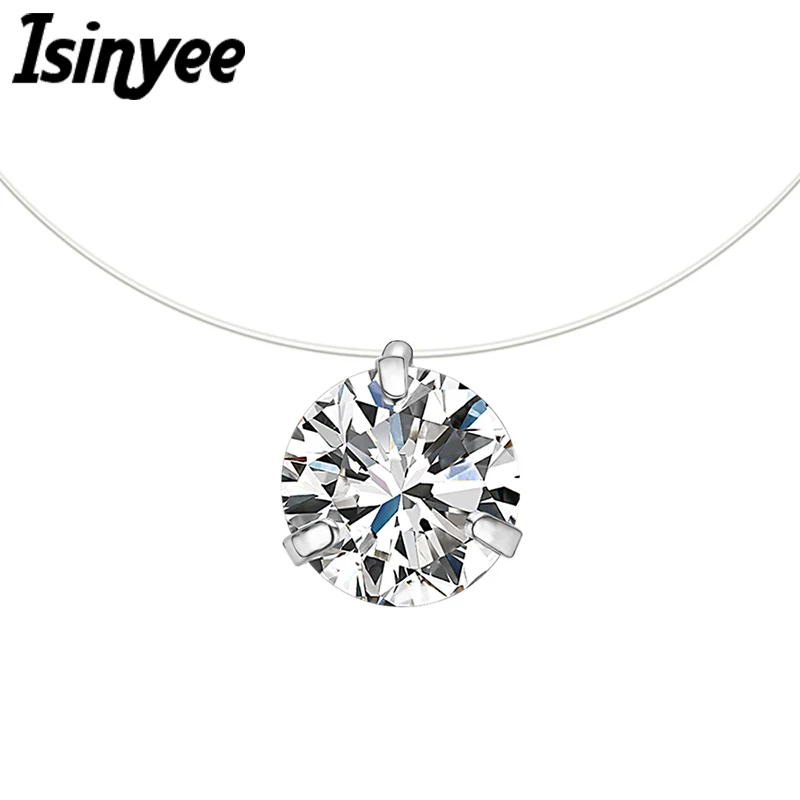 

ISINYEE Fashion Round Cubic Zirconia Pendant Long Transparent Fish Net Chain Necklace For Women Elegant Jewelry Collier Femme