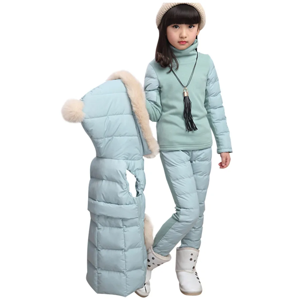 

Kids Parkas Coat Girls Snowsuit Winter Fur Hooded Down Jacket Vest + Sweater + Snow Pants 3 Pieces Warm Set
