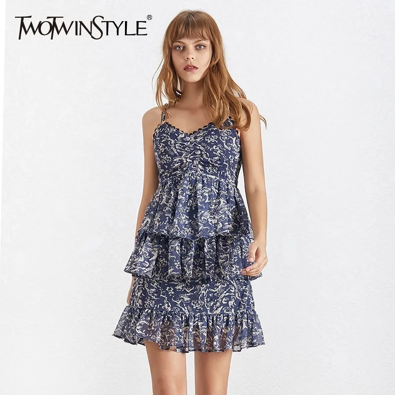 

TWOTWINSTYLE 2019 Vintage Print Strap Women Dress V Neck Off Shoulder Backless High Waist Ruffle Mini Dresses Female Fashion New